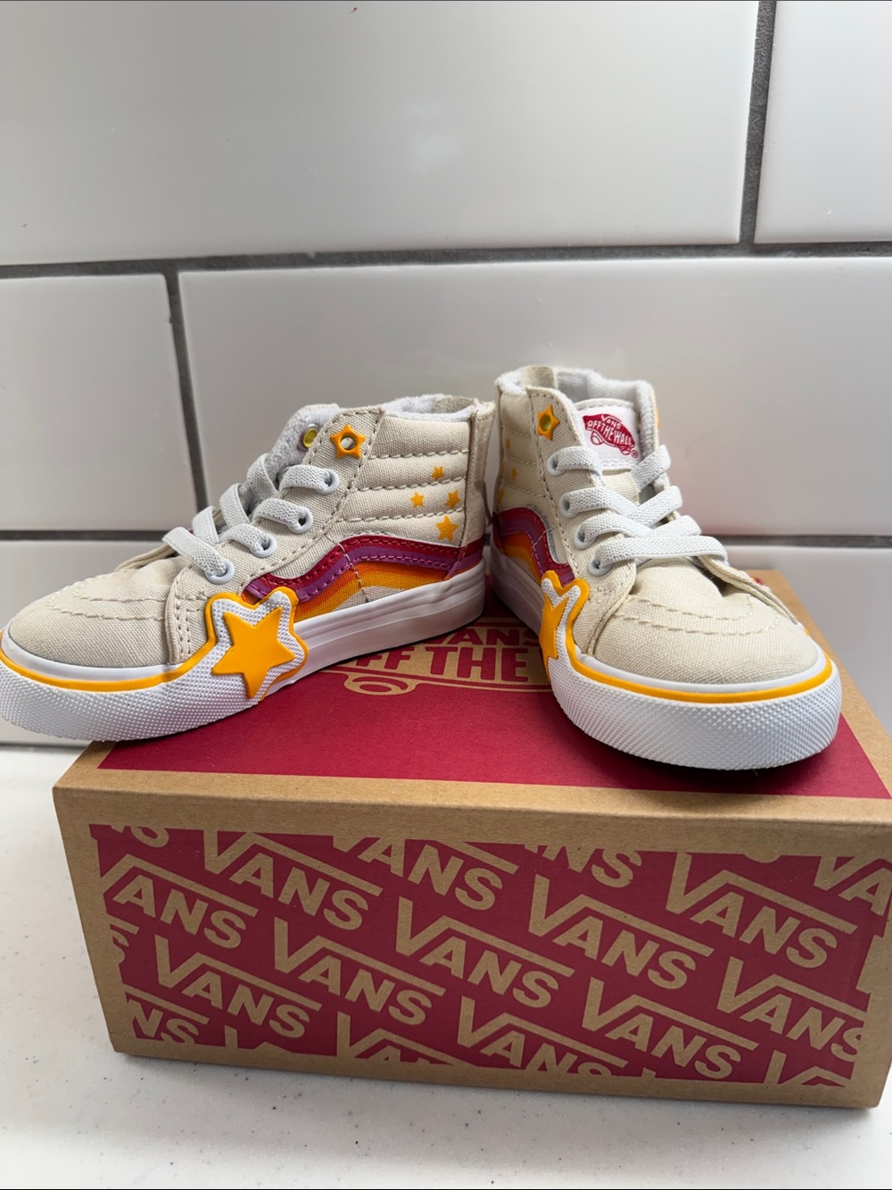 Vans Kids High-Top Sneakers in Beige with Yellow & Red Accents
